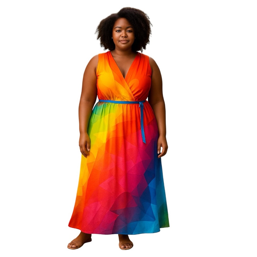 Ashley Stewart Flowy Sheer Bright Colors V-neck sleeveless/belt Sz 22/24 Dress